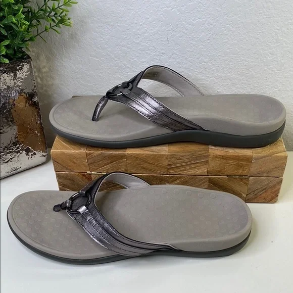 Vionic Women's Aloe Leather Pewter Metallic Flip Flop Thong Sandals Size 11 - Picture 3 of 10